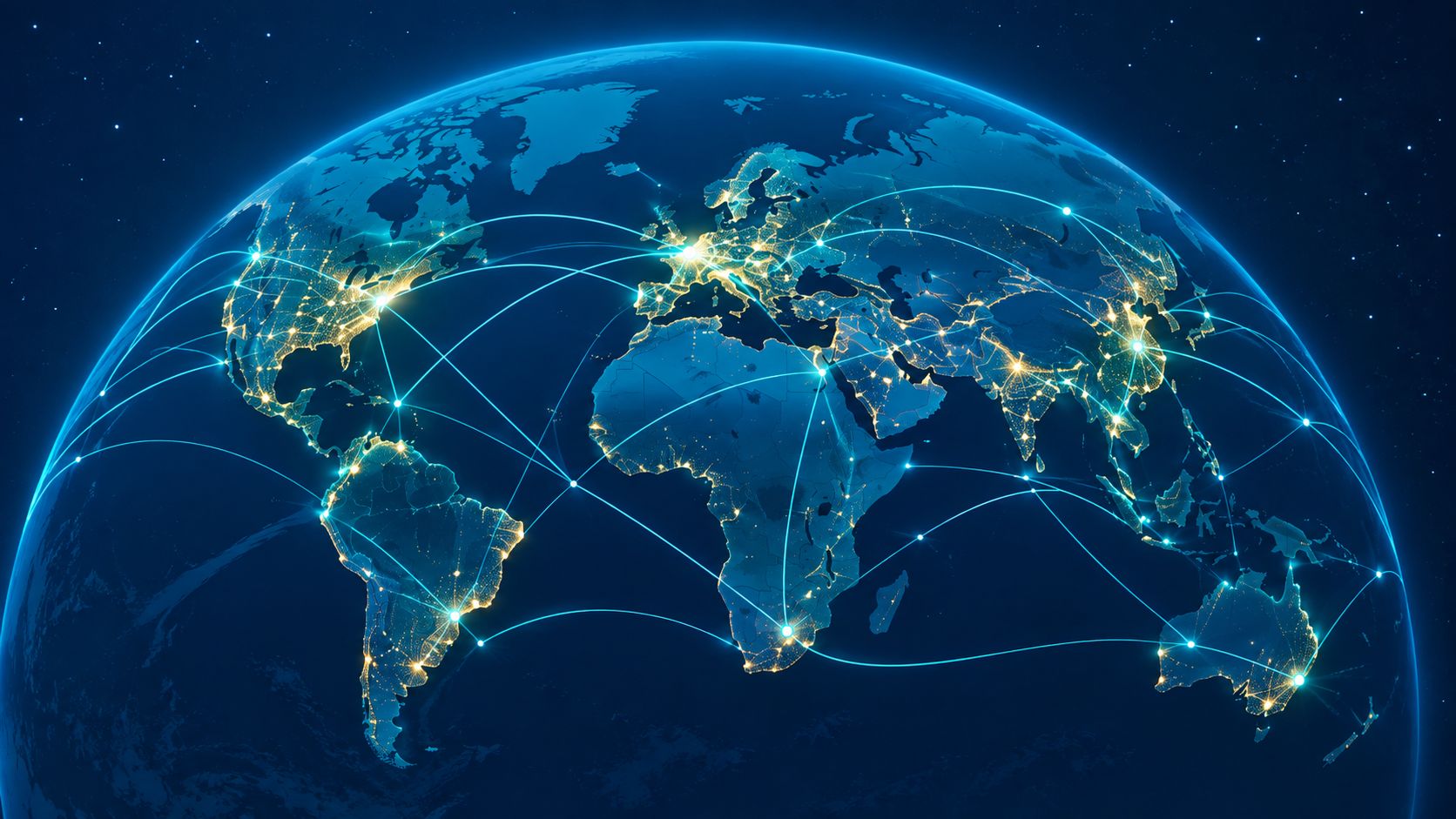 Night earth view from space with glowing trade routes